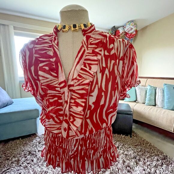 Vintage Erica Brooke Women's V-Neck Ruffle Top Blouse Sze 24 Short Sleeve Career - Picture 7 of 11